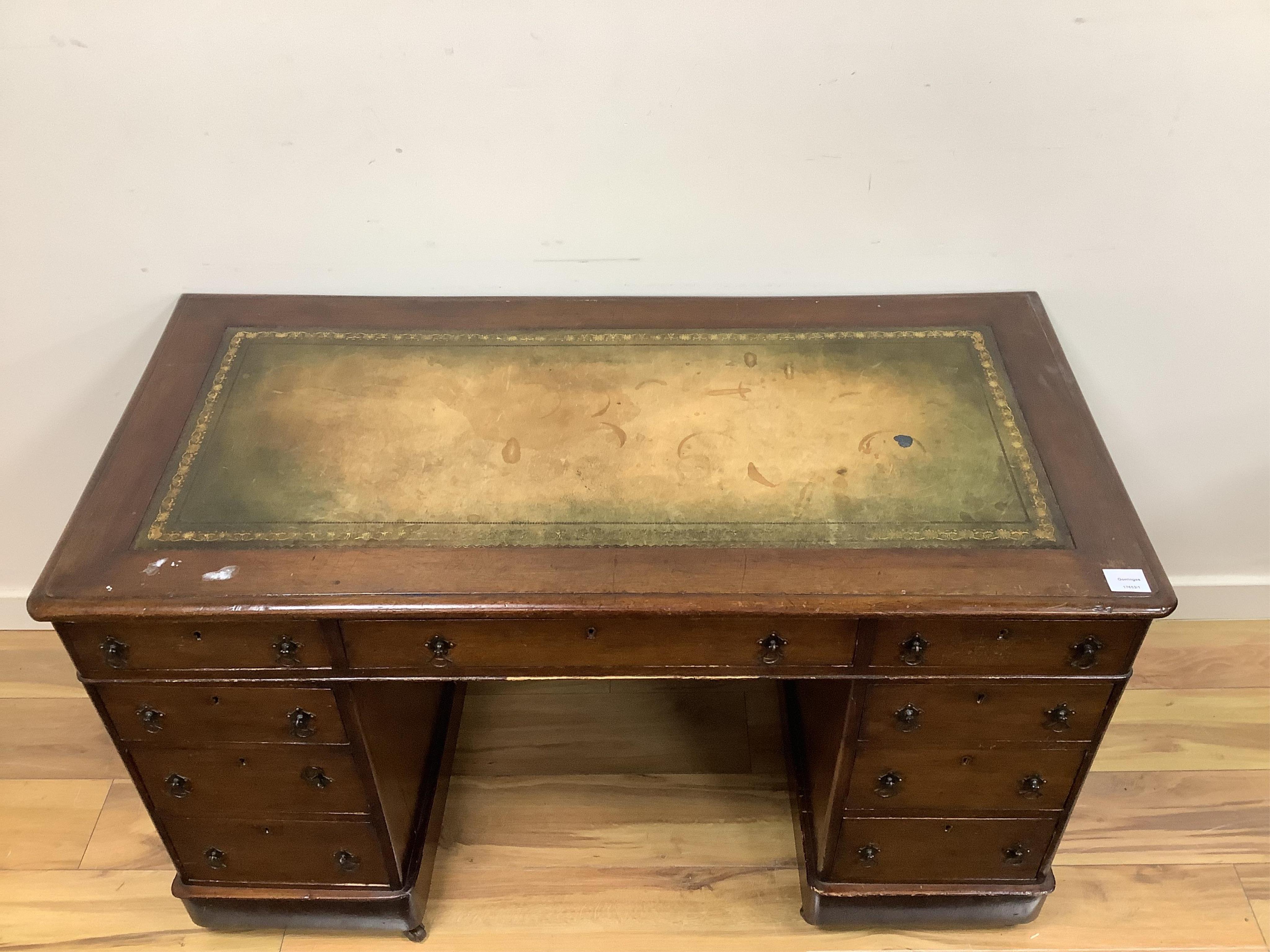 A Victorian mahogany pedestal desk, width 119cm, depth 59cm, height 71cm. Condition - fair